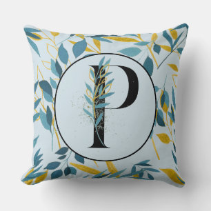 Modern Leaves Navy Gold Letter "P" Throw Pillow
