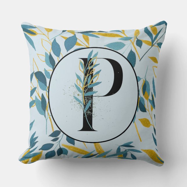 Modern Leaves Navy Gold Letter "P" Throw Pillow (Front)