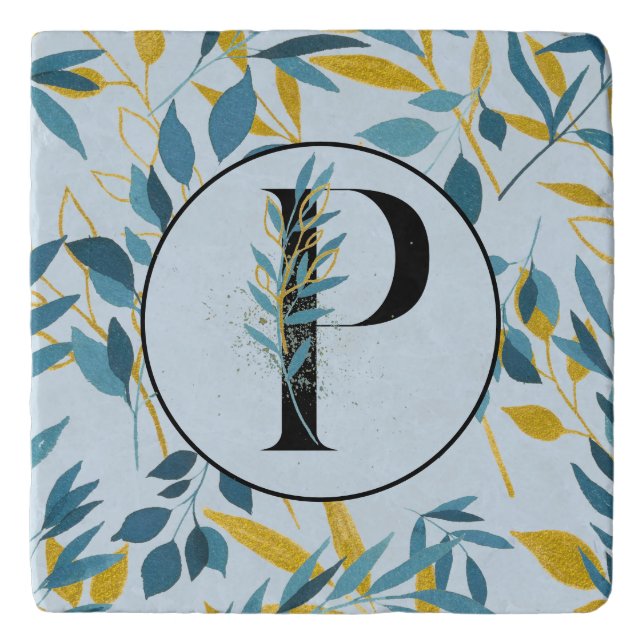 Modern Leaves Navy Gold Letter "P" Trivet (Front)