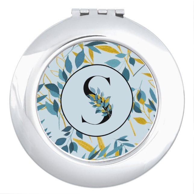 Modern Leaves Navy Gold "Letter S" Compact Mirror (Front)