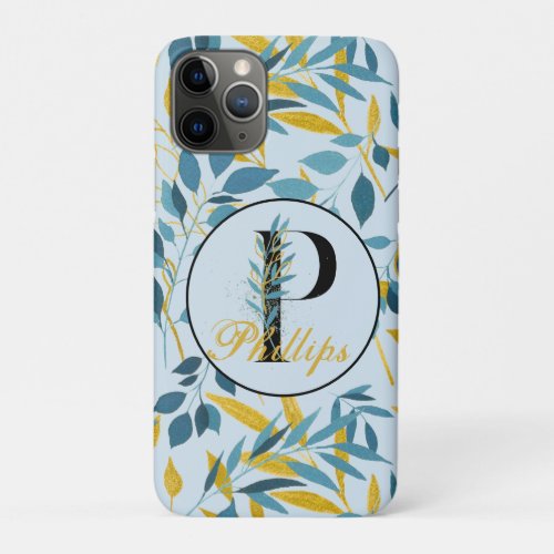 Modern Leaves Navy Gold Monogram Letter P iPhone 11 Pro Case