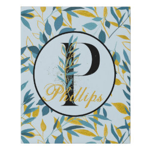 Modern Leaves Navy Gold Monogram "Letter P" Faux Canvas Print