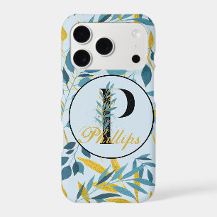 Modern Leaves Navy Gold Monogram "Letter P" iPhone 17 Pro Case