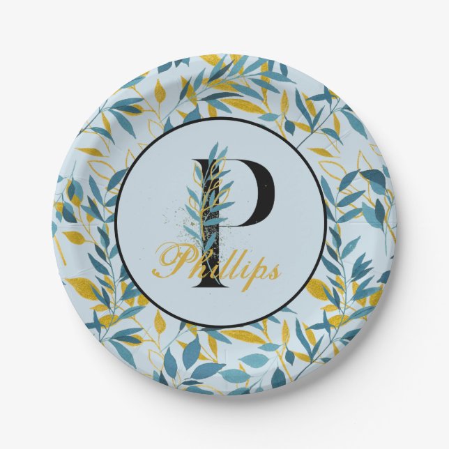 Modern Leaves Navy Gold Monogram "Letter P" Paper Plates (Front)