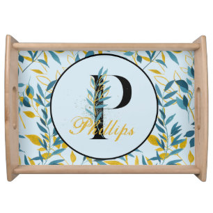Modern Leaves Navy Gold Monogram "Letter P" Serving Tray