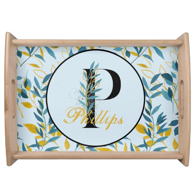 Modern Leaves Navy Gold Monogram "Letter P" Serving Tray (Front)
