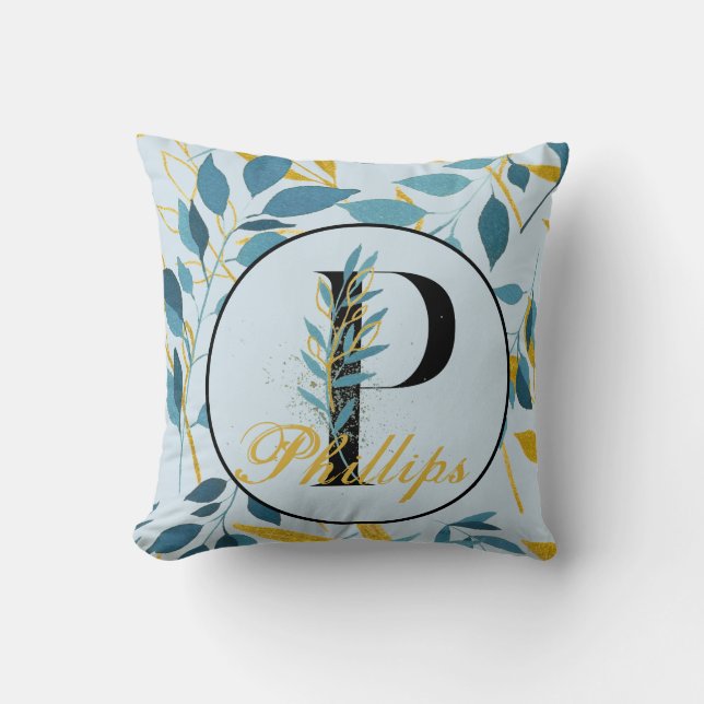 Modern Leaves Navy Gold Monogram "Letter P" Throw Pillow (Front)