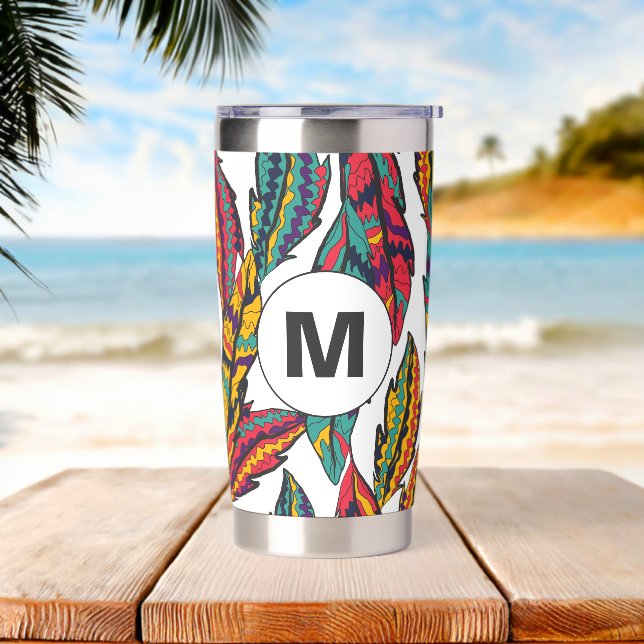 Modern Leaves Pattern Monogram Insulated Tumbler (Beach)