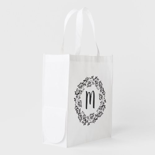 Modern Leaves Wreath Personalized Monogram Grocery Bag