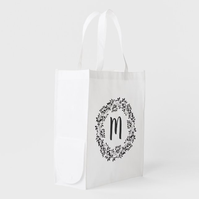 Modern Leaves Wreath Personalized Monogram Grocery Bag (Front Side)