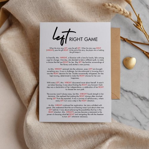 Modern Left Right Bridal Shower Game Card