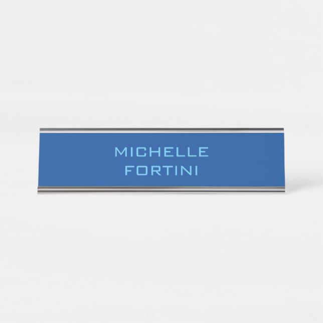 Modern Legible Name Plain Sky & Deep Blue Desk Name Plate (Front)