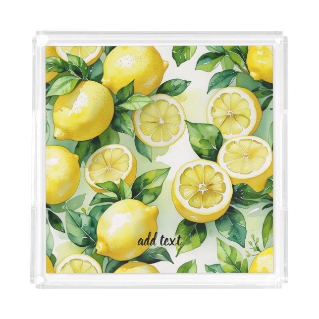 Modern lemon blue floral script bridal shower acrylic tray (Front)