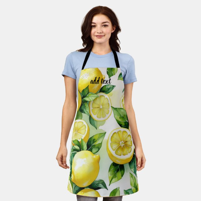 Modern lemon blue floral script bridal shower apron (Worn)