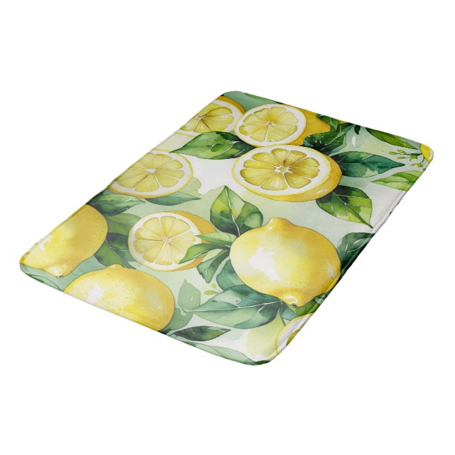 Modern lemon blue floral script bridal shower bath mat (Angled)