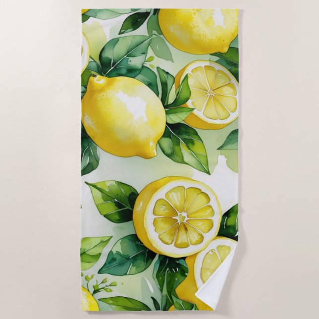 Modern lemon blue floral script bridal shower beach towel (Front)