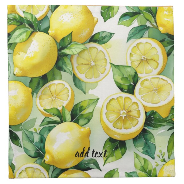 Modern lemon blue floral script bridal shower cloth napkin (Front)