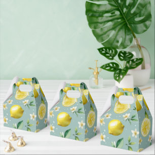 Modern lemon blue floral script bridal shower favor boxes