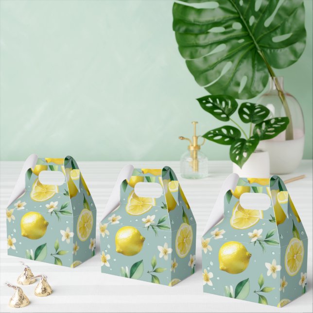 Modern lemon blue floral script bridal shower favor boxes (Multiple)