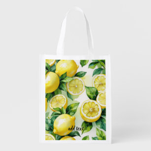Modern lemon blue floral script bridal shower grocery bag