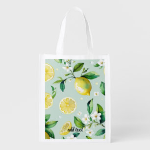 Modern lemon blue floral script bridal shower grocery bag