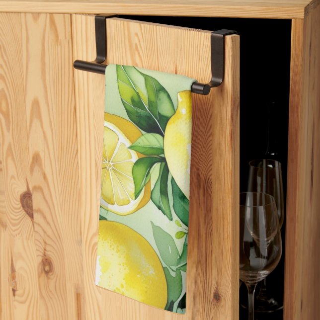 Modern lemon blue floral script bridal shower kitchen towel (Thirds Fold)