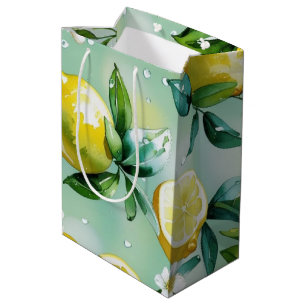 Modern lemon blue floral script bridal shower medium gift bag