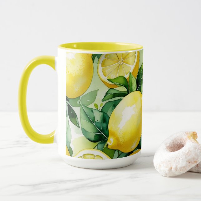Modern lemon blue floral script bridal shower mug (With Donut)