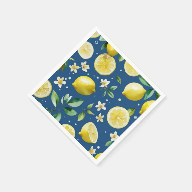 Modern lemon blue floral script bridal shower napkins (Corner)