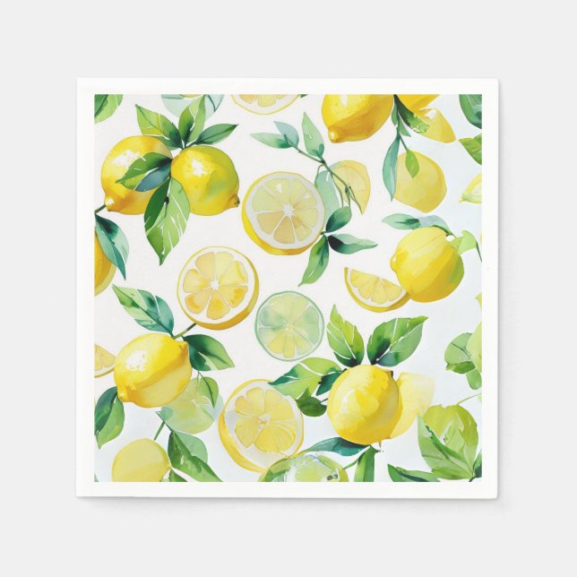 Modern lemon blue floral script bridal shower napkins (Front)