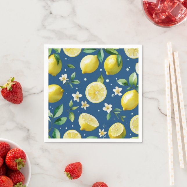 Modern lemon blue floral script bridal shower napkins (Insitu)