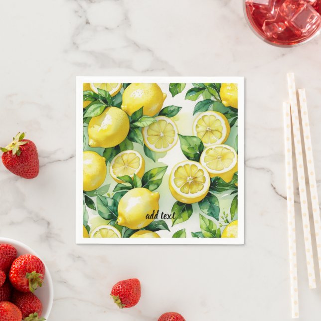 Modern lemon blue floral script bridal shower napkins (Insitu)