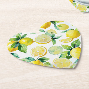 Modern lemon blue floral script bridal shower paper coaster