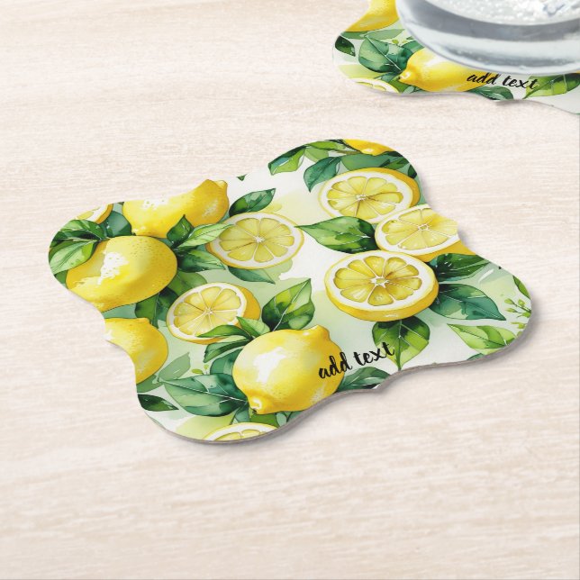 Modern lemon blue floral script bridal shower paper coaster (Angled)