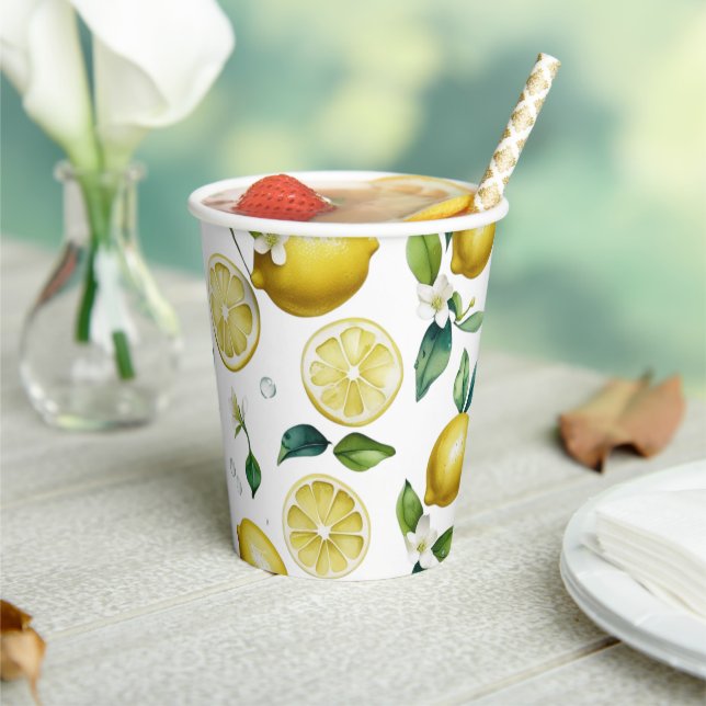 Modern lemon blue floral script bridal shower paper cups (Insitu)