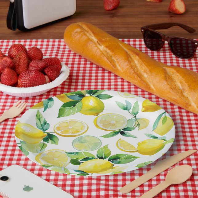 Modern lemon blue floral script bridal shower paper plates (Picnic)