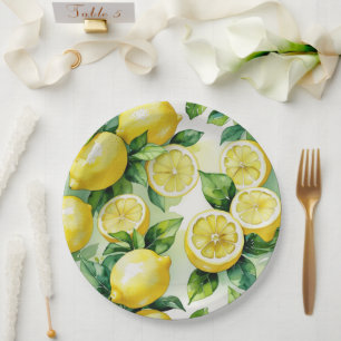 Modern lemon blue floral script bridal shower paper plates