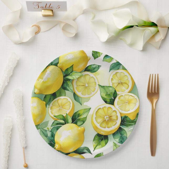 Modern lemon blue floral script bridal shower paper plates (Wedding)