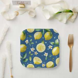 Modern lemon blue floral script bridal shower paper plates