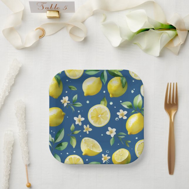 Modern lemon blue floral script bridal shower paper plates (Wedding)