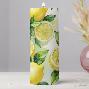 Modern lemon blue floral script bridal shower pillar candle