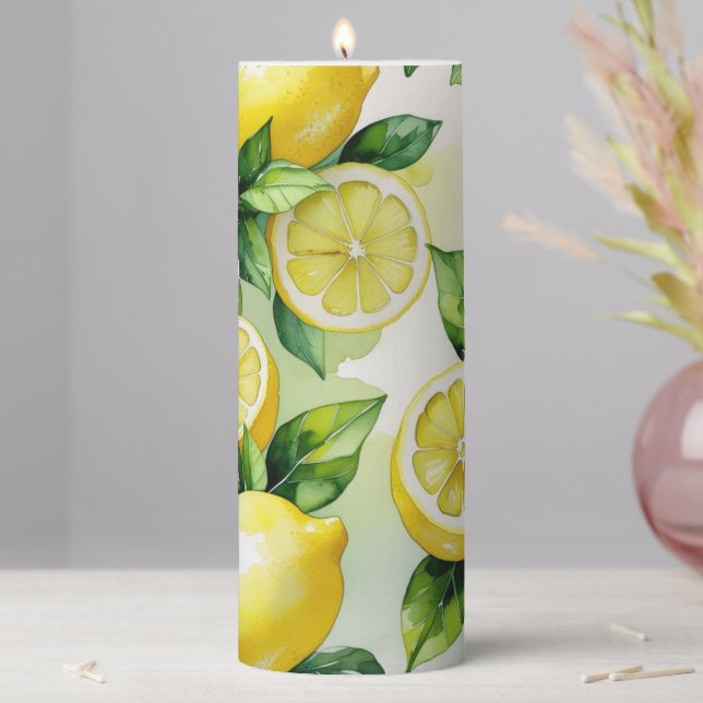 Modern lemon blue floral script bridal shower pillar candle (In Situ)