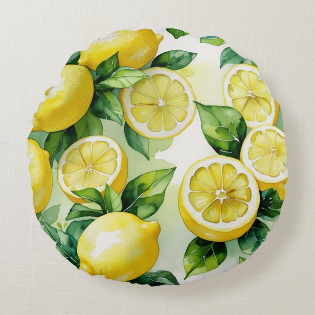 Modern lemon blue floral script bridal shower round pillow (Front)