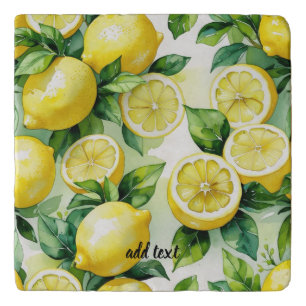 Modern lemon blue floral script bridal shower trivet