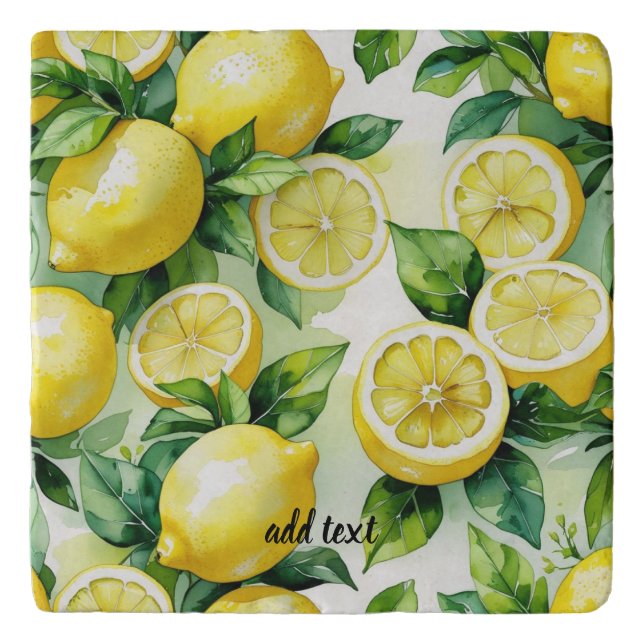 Modern lemon blue floral script bridal shower trivet (Front)
