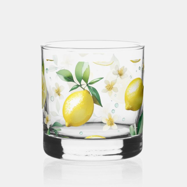 Modern lemon blue floral script bridal shower whiskey glass (Left)