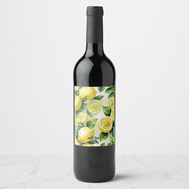 Modern lemon blue floral script bridal shower wine label (Front)