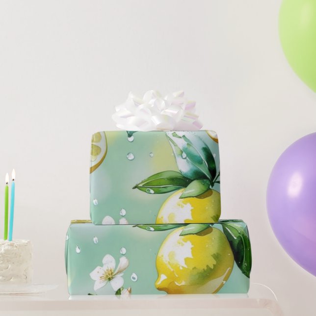 Modern lemon blue floral script bridal shower wrapping paper (Party Gifts)