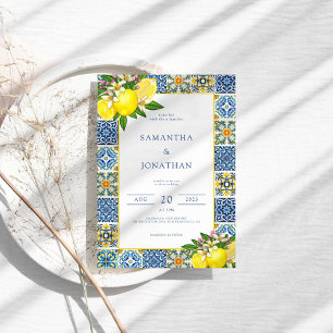 Modern Lemon Blue & Yellow Mediterranean Wedding Invitation