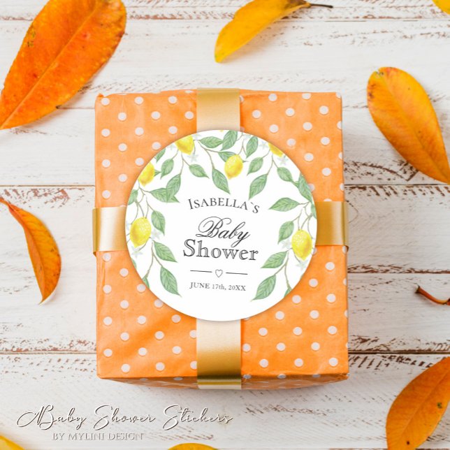 Modern Lemon Boho Summer Baby Shower Classic Round Sticker (Creator Uploaded)